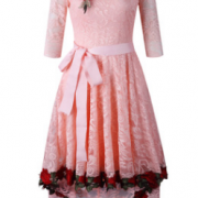 亚马逊好品质蕾丝拼接刺锈玫瑰花燕尾连衣裙