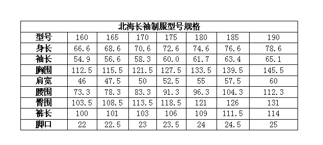 尺寸表春秋