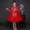 中国风加绒红色大花儿童礼服公主裙蓬蓬纱裙花童晚礼服秋季演出服