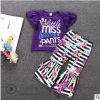 2018夏季欧美女童紫色字母印花条纹花朵喇叭裤套装一件代发