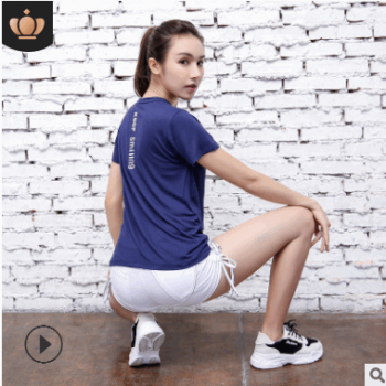 2019夏季新款纯色运动t恤女户外训练弹力瑜伽服上衣健身短袖t恤女