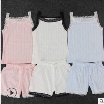 女童夏季新款套装 纯棉呼吸棉卡通韩版蕾丝吊带套装儿童家居服