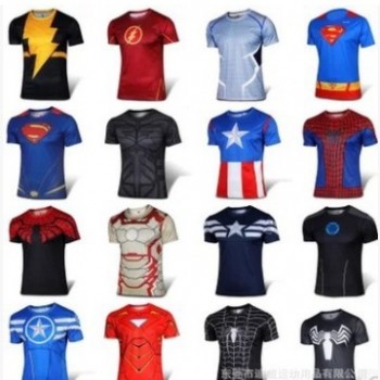 复仇联盟钢铁侠健身衣超人美国队长T恤男士运动紧身衣 一件代发