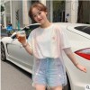 【A201】 韩版宽松假两件很仙的彩虹网纱拼接刺绣短袖T恤女装夏季