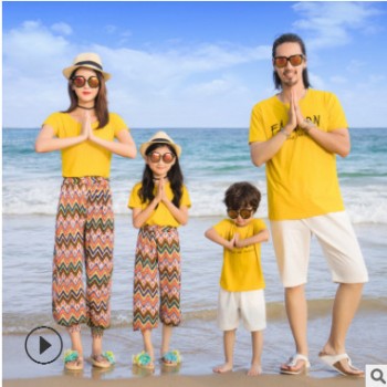 2019新款沙滩服海边亲子装夏装短袖套装一家三口家庭装度假全家装