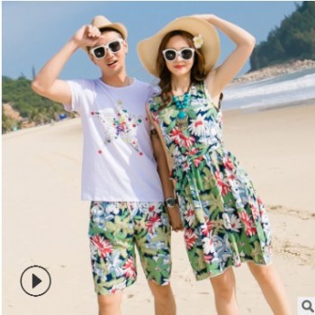 夏季沙滩亲子装旅游时尚碎花母女连衣裙父子套装一家四口家庭装