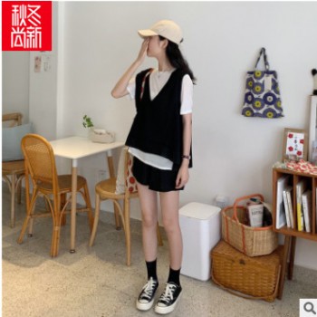 2019夏季新款韩版宽松设计感马甲短裤三件套减龄显瘦时尚套装女