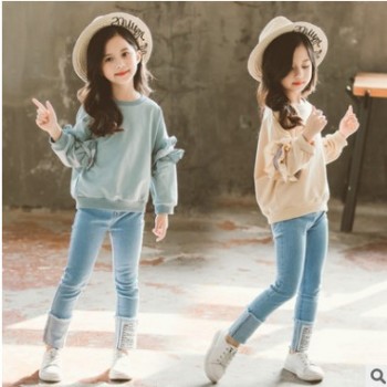 童装2019春装新款韩版女童袖子花边中大童牛仔裤套装一件代发