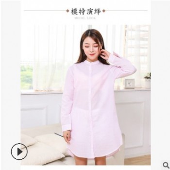 厂家直销2019春新款韩版女装条纹衬衫女 长袖泡泡棉衬衫小单定制