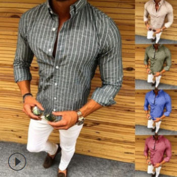 2018外贸欧美速卖通ebay新款爆款条纹长袖纽扣翻领男士休闲衬衫