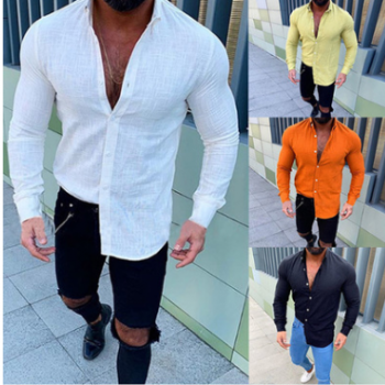 2019春夏外贸欧美速卖通ebay新款纯色长袖纽扣亚麻男士休闲衬衫