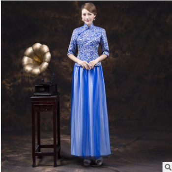 2019新款青花瓷时尚优雅蓝色晚宴宴会年会婚纱中式礼服款式多样