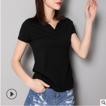 2019春夏季高端街头潮人韩版棉套头V字领修身型女式T恤工厂货源潮