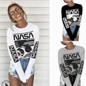 亚马逊速卖通WISH热卖爆款女上衣 NASA星球图案印花纯棉长袖t恤