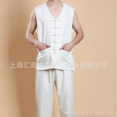 夏季棉麻浓郁中国风元素男式唐装套装 茶楼餐饮服 4623