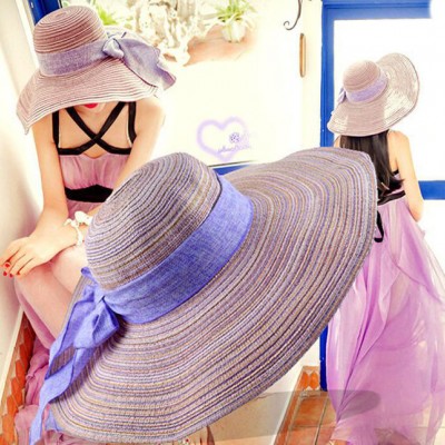 韩版夏季遮阳帽棉麻蝴蝶结大檐 草帽沙滩帽可折叠休闲时尚 帽子
