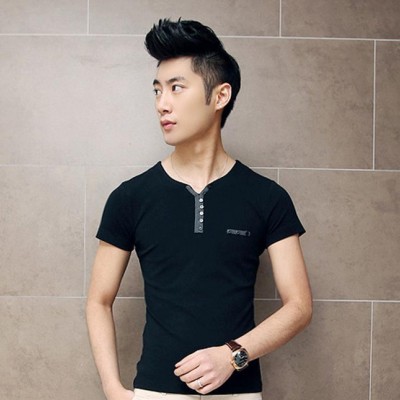 直销2015夏装新款男士短袖T恤男式半袖纽扣装饰纯色韩版