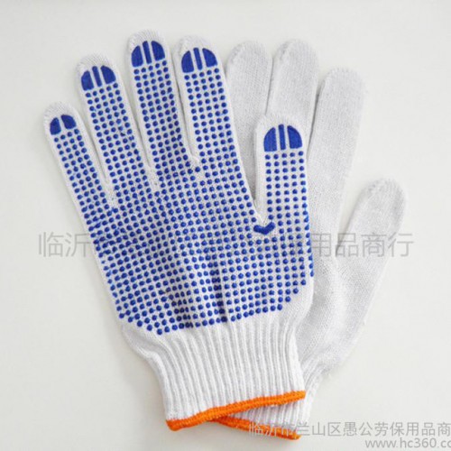 【名   称】漂白双面点塑手套 【材   料】棉纱+PVC 【颜   色】蓝点塑等 【尺   寸】长约23cm 【包
