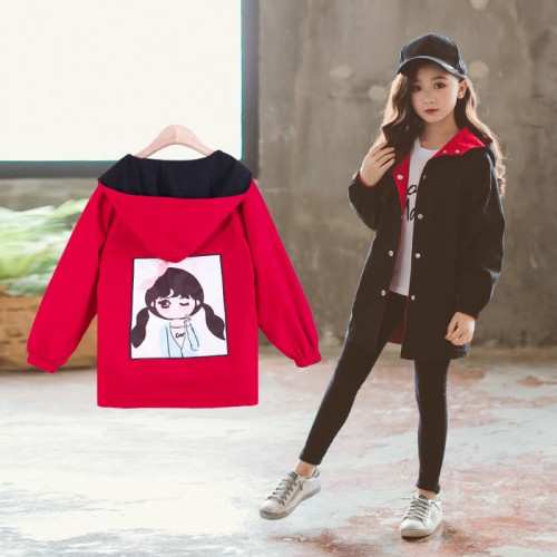 女童两面穿外套2019新款韩版儿童卡通女孩风衣中大童连帽上衣批发