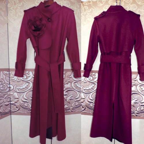 2015新款女装系腰带羊绒毛呢子 纯色欧美中长风衣外贸原单