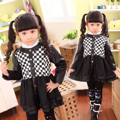 2014秋冬韩版女童黑白格子PU皮雪纺纱拼接外套儿童长款风衣