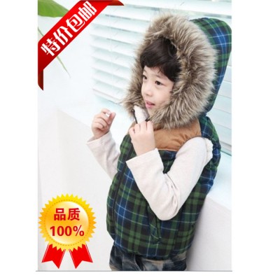 2013新冬季韩版新款男童棉衣女童格子带帽棉马甲休闲童装双十一