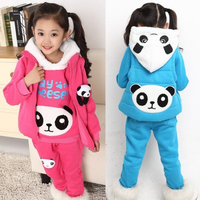 双十一新韩版冬款儿童中大童女童运动装连帽加厚大卫衣熊猫三件套