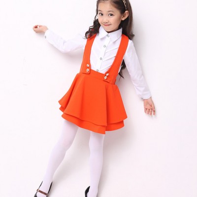 双十一新韩版潮女童秋款中大童套装长袖衬衫背带裙子混纺吊带裙子