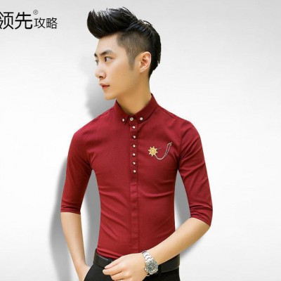 2015新品上市五分袖修身型男式衬衫纯色中袖衬衫男火热中