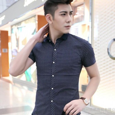 2015夏装新款 男装韩版休闲格子短袖衬衫 男修身时尚衬衣