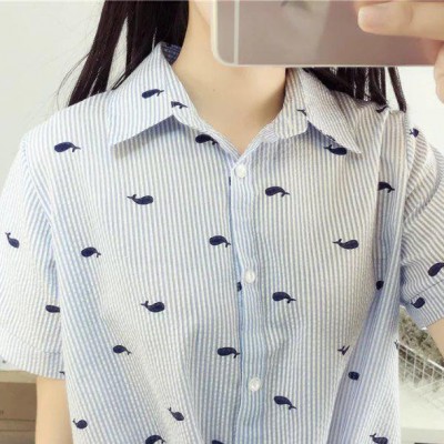 夏季新款韩版纯棉满印小鲸鱼下收褶条纹短袖衬衫