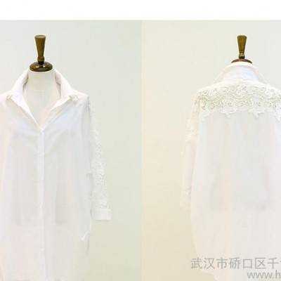 2015夏韩版女装 流行纯棉宽松大码镂空花纹七分袖 翻领衬衫