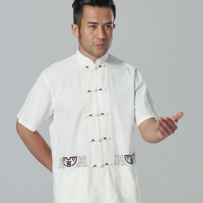 男士白色立领直襟短袖亚麻中国风唐装工作服