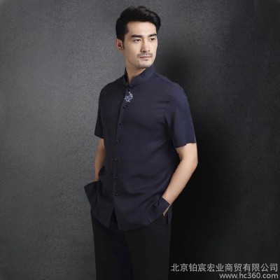 中国风天丝男士唐装青年立领短袖男上衣修身中式民族服装夏季衬