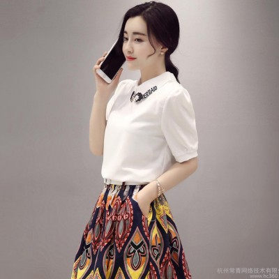 2016夏季女士韩版翻领短袖套头雪纺衫+印花高腰短裙两件套