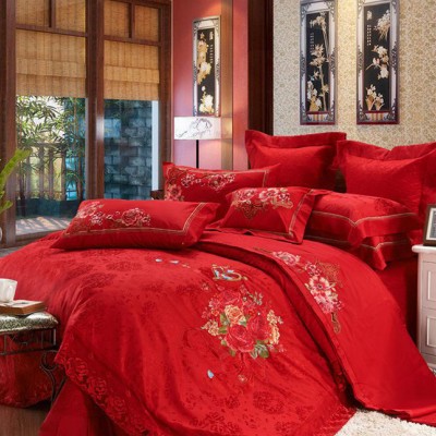 婚庆件套大红结婚床单被套 床盖 贡缎提花十件套床上用品