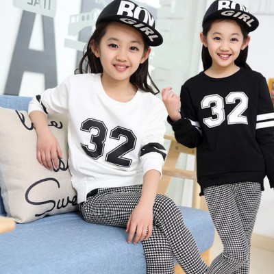 春秋新款童装 韩版女童32号数字条纹卫衣千鸟格裤套装儿童两件