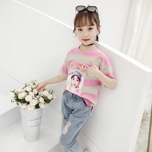 童装2019新款夏装女童套装儿童时髦两件套牛仔短裤T恤洋气韩版潮