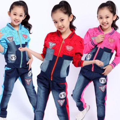 韩版女童时尚蕾丝牛仔拼接套装儿童贴标牛仔两件套XM1326