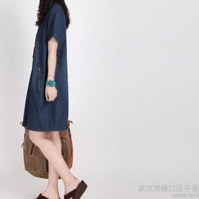 2015新款韩版大码时尚短袖牛仔裙 磨白拉链牛仔连衣裙 一件