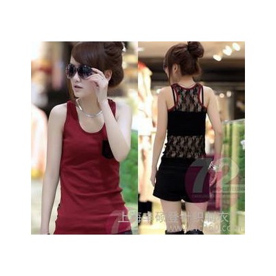 韩版女2012新款春装贴布拼接蕾丝修身百搭背心吊带