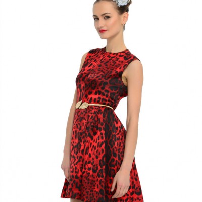 2015欧洲站春夏季新品款欧美精致红色豹纹印花无袖背心连衣裙