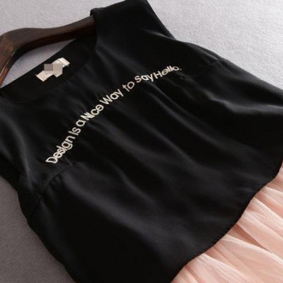 字母刺绣雪纺层次黑色背心拼玻璃欧根纱假两件大摆长裙连衣裙