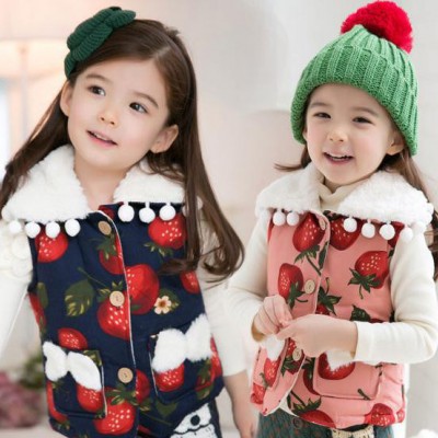 韩版冬款童装女童草莓印花毛领加厚棉马甲儿童棉背心外套XM38