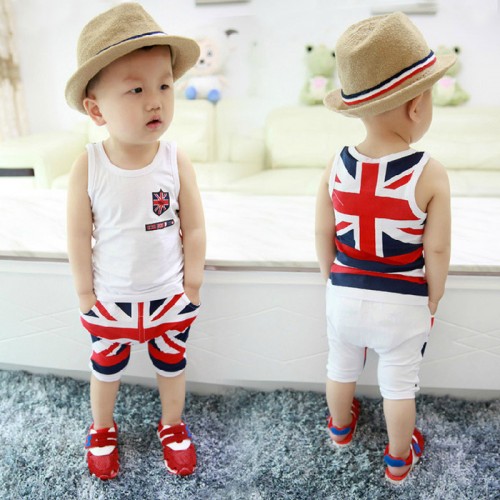 夏装新款 韩版中小童套装 纯棉米字旗背心短裤套装 直销