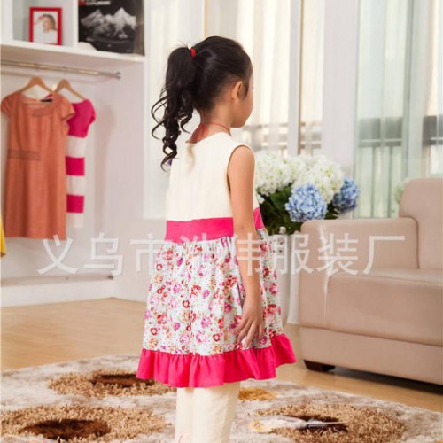 2015新款 中小女童童套装 背心衣裙上衣两件套 简单款纯棉小碎花