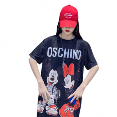 跨境韩版大码女装T恤夏季米老鼠印花速干中长款冰丝休闲短袖上衣