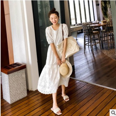 2020夏装新款收腰气质白色连衣裙度假裙子仙女超仙森系法式长裙