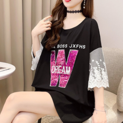 2021夏季韩版新款中长款蕾丝短袖t恤女字母亮片上衣圆领大码女装