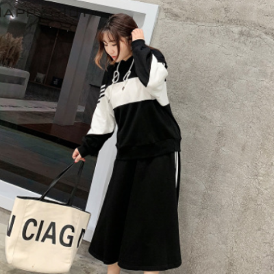 套装女 2021春季新款韩版时尚毛圈显瘦大码女装运动风卫衣+半身裙